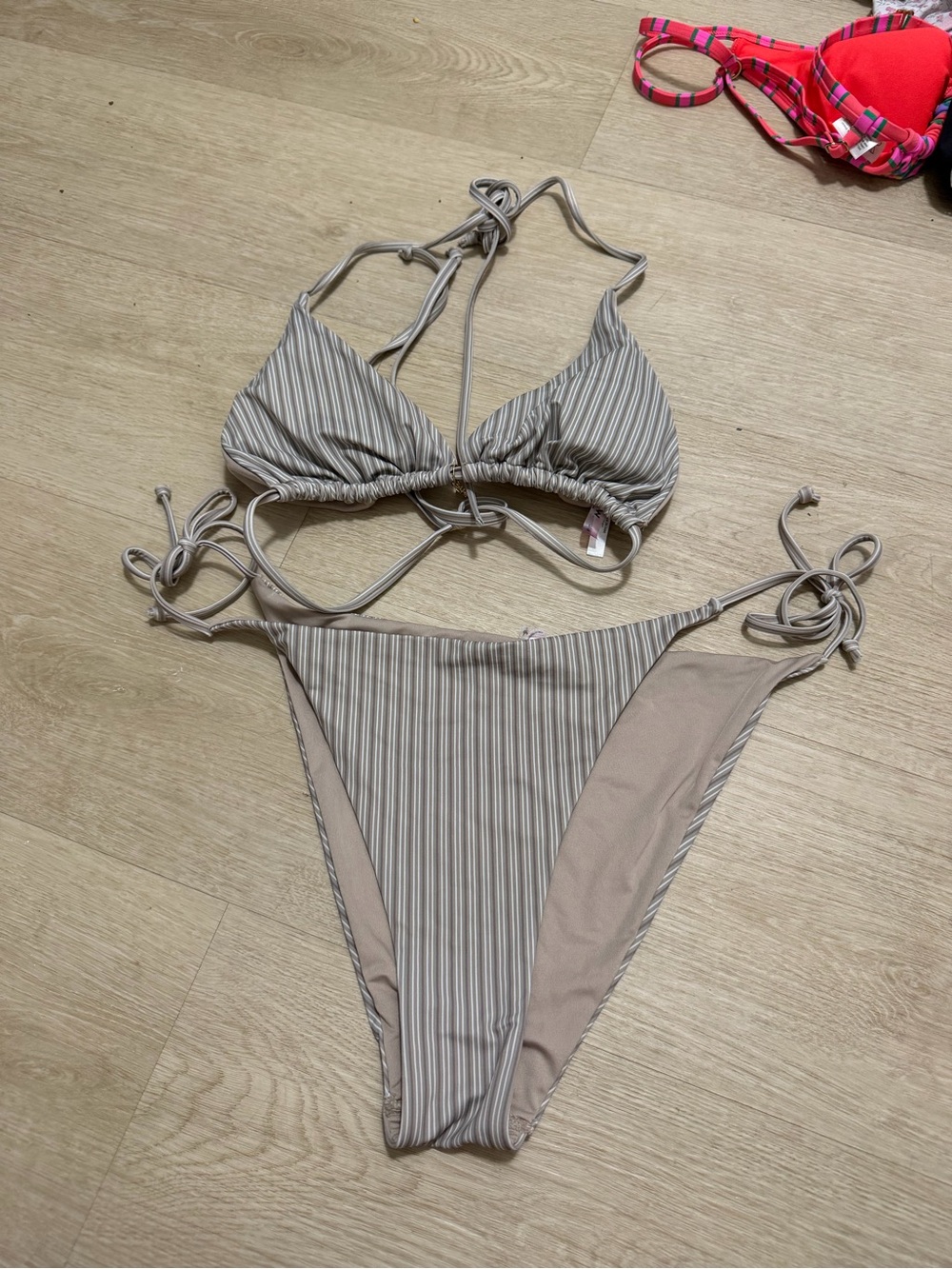 Ardene Taupe Striped Tie-Side Bikini Set